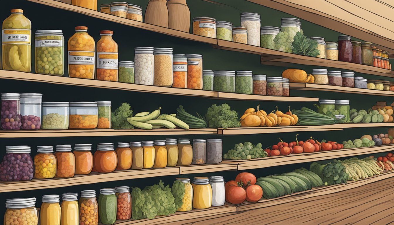 A variety of fresh produce, canned goods, and baked items are neatly displayed on wooden shelves at the Corona Food Co-op