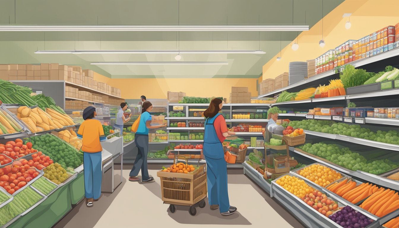 A bustling local food coop in Vacaville, CA, with people accessing food assistance programs. Baskets of fresh produce and shelves stocked with pantry items line the aisles