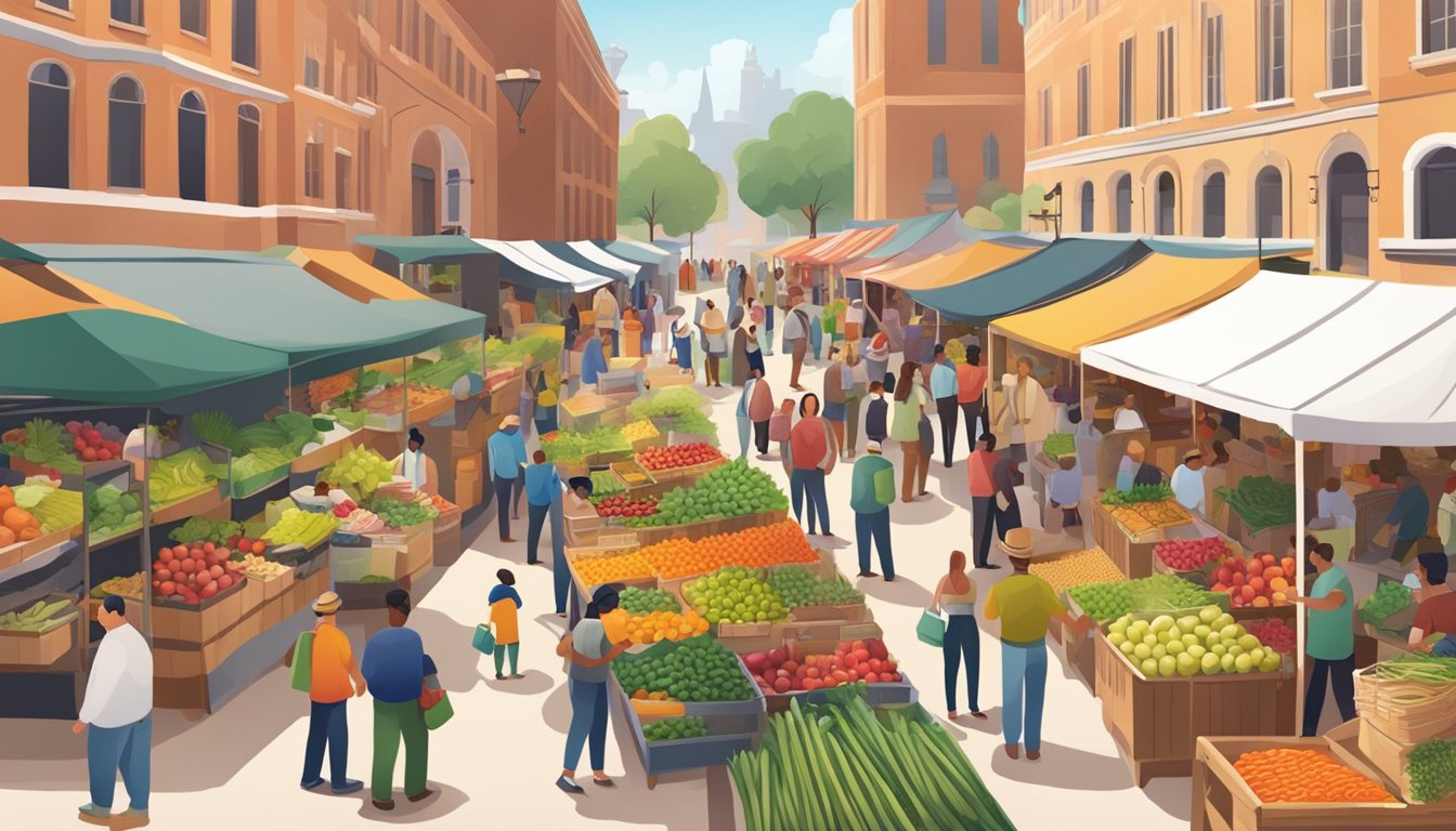 A bustling farmers market with colorful produce stalls, friendly vendors, and a diverse crowd browsing and chatting