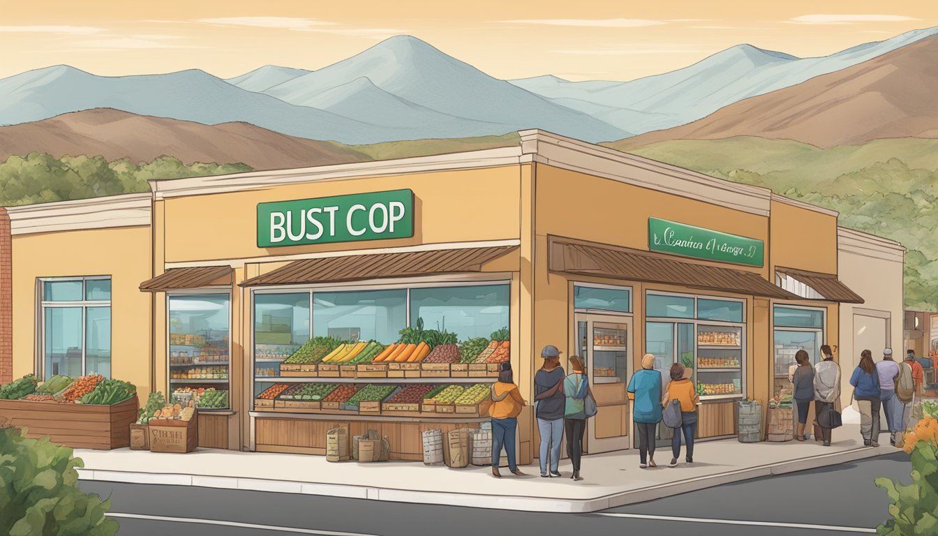 A bustling local food co-op in Lancaster, CA, with diverse produce, friendly staff, and community members shopping and chatting