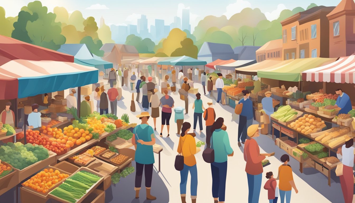 A bustling farmer's market with colorful stalls and a variety of fresh produce, baked goods, and locally made products. Busy shoppers browse and chat with vendors