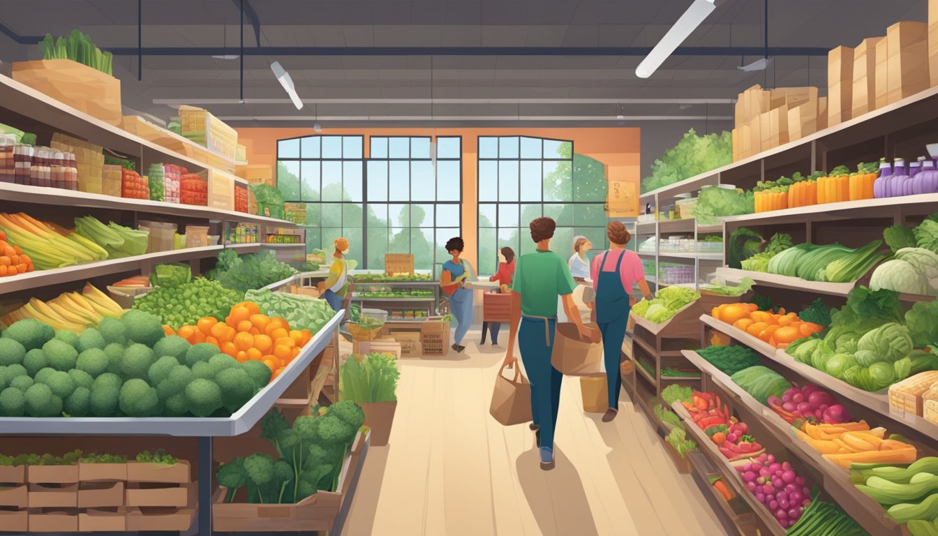 A bustling local food co-op with shelves stocked with organic produce, locally-sourced goods, and a vibrant community atmosphere