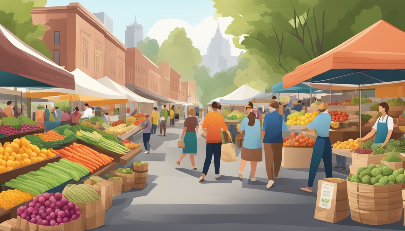 A bustling farmers' market with colorful produce, artisanal goods, and a variety of local products on display