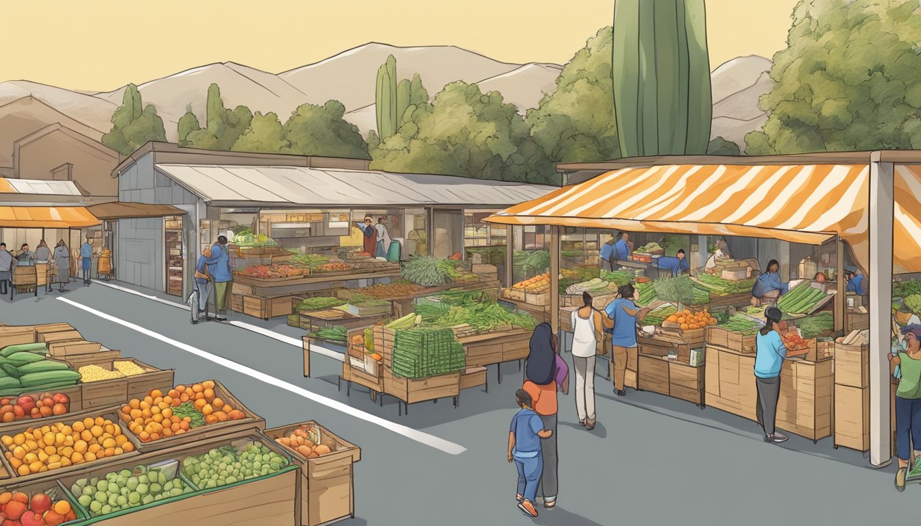 A bustling local food coop in Rancho Cucamonga, CA, with diverse produce and community members interacting