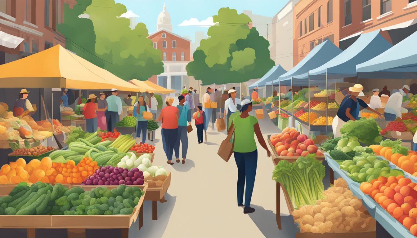 A bustling farmer's market with diverse produce and friendly vendors