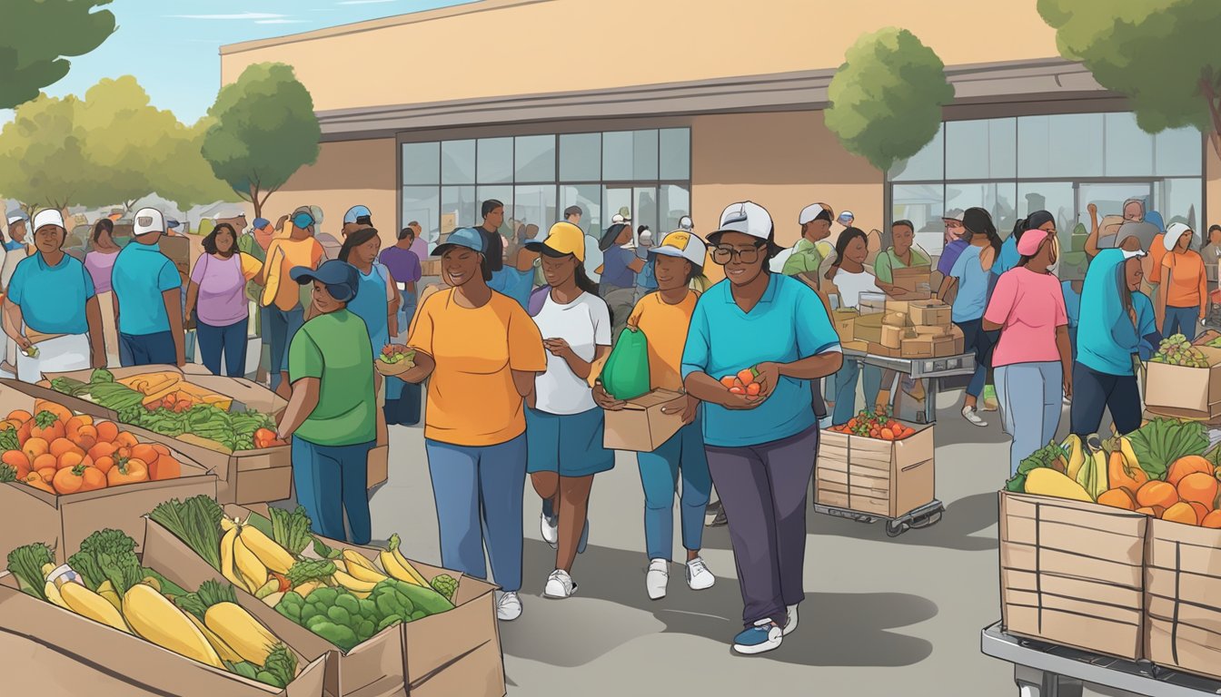 A bustling food distribution program in Rancho Cucamonga, CA, with volunteers handing out fresh produce and canned goods to community members in need