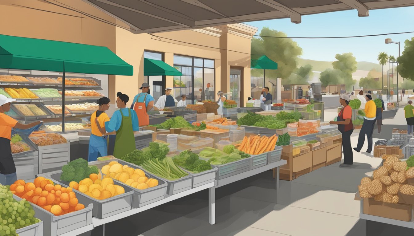 A bustling local food co-op in Rancho Cucamonga, CA, with vendors selling fresh produce, baked goods, and other locally-sourced items