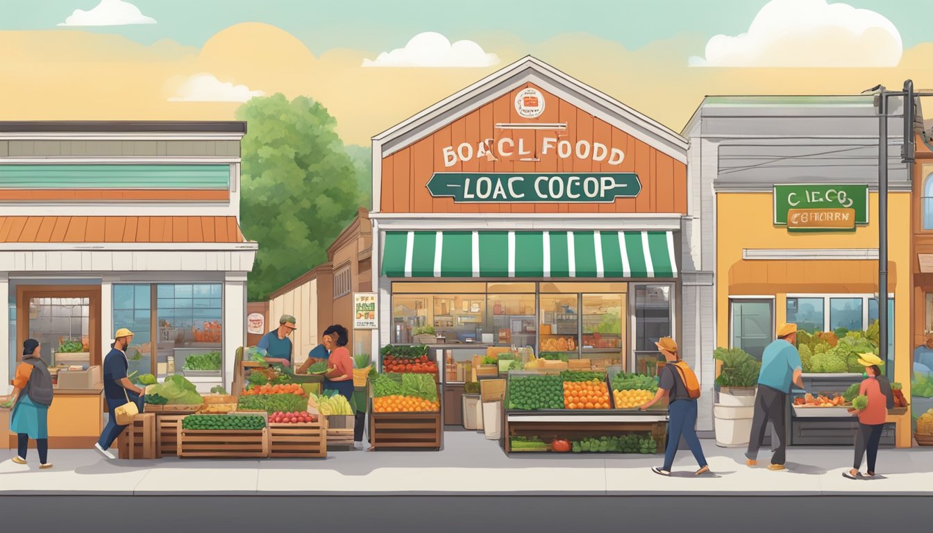 A bustling local food co-op with colorful produce, friendly vendors, and a diverse community of shoppers