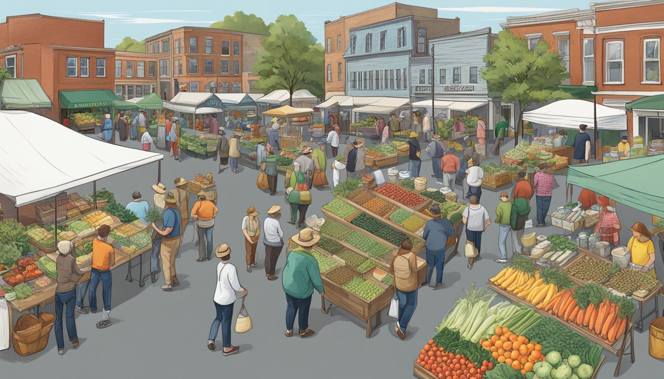 A bustling farmers' market with vendors selling local produce, a sign reading "Lancaster Local Food Co-op Guide" displayed prominently