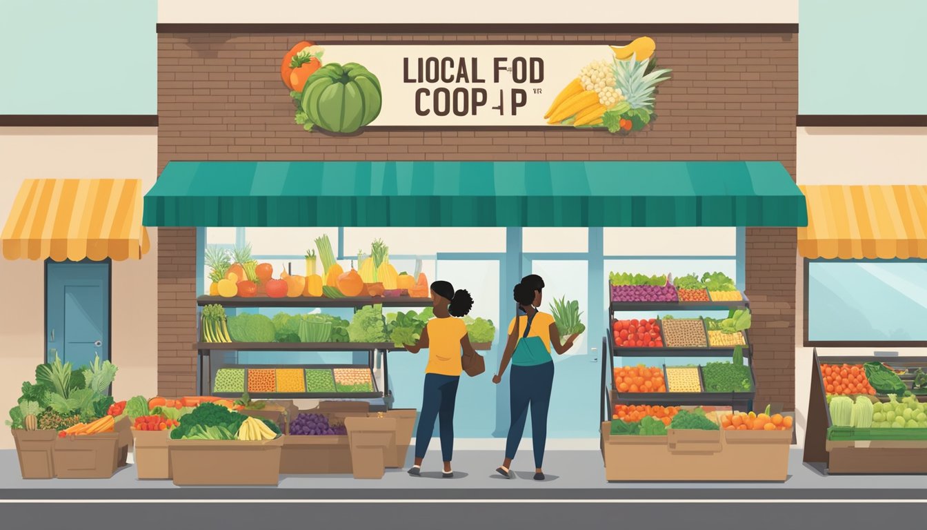 A bustling local food co-op in Rancho Cucamonga, CA, with colorful produce displays, friendly staff assisting customers, and a community bulletin board filled with upcoming events and opportunities to get involved