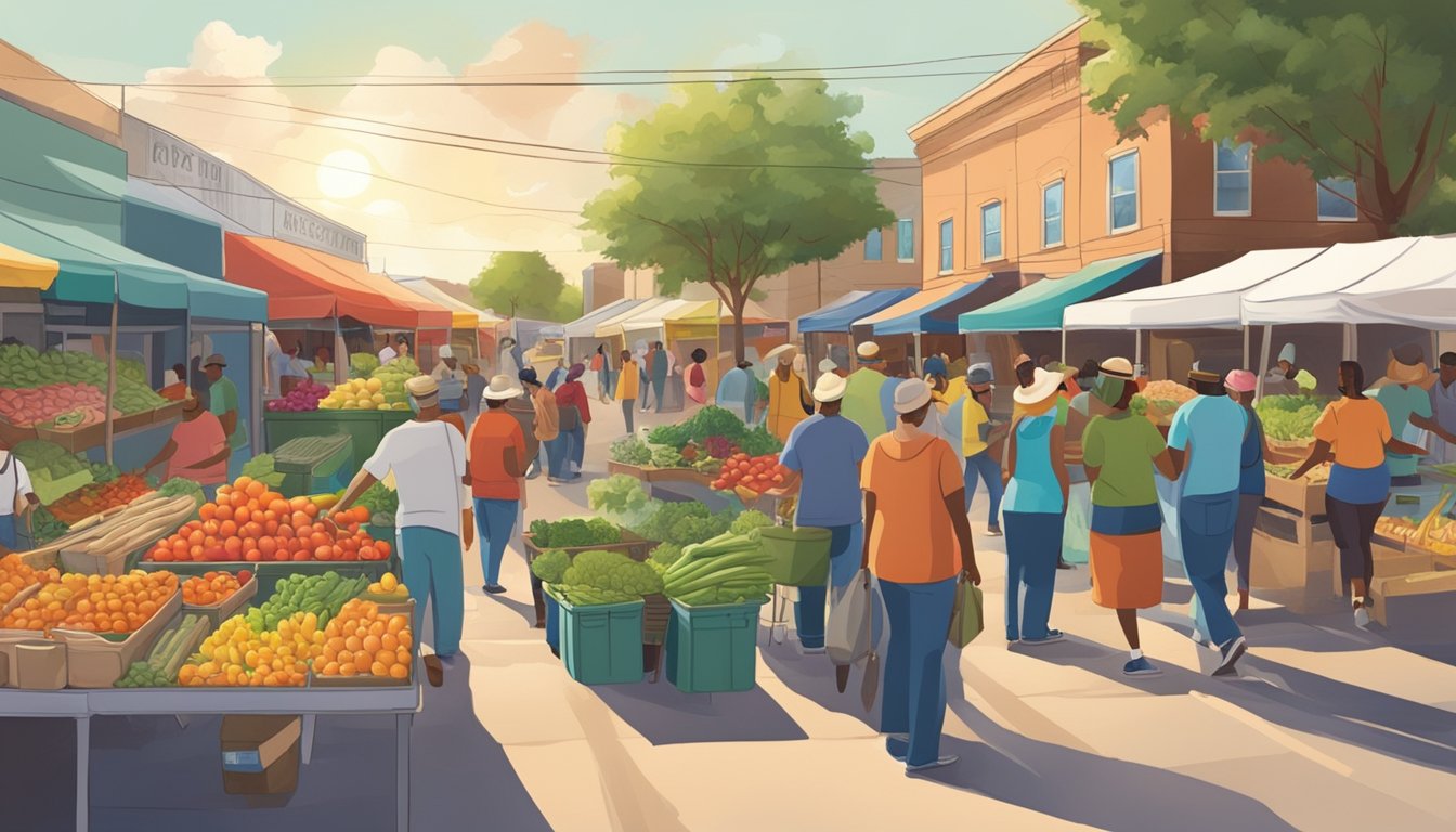 A bustling farmers' market with vendors selling fresh produce and locally sourced goods, surrounded by a vibrant community in Killeen, TX