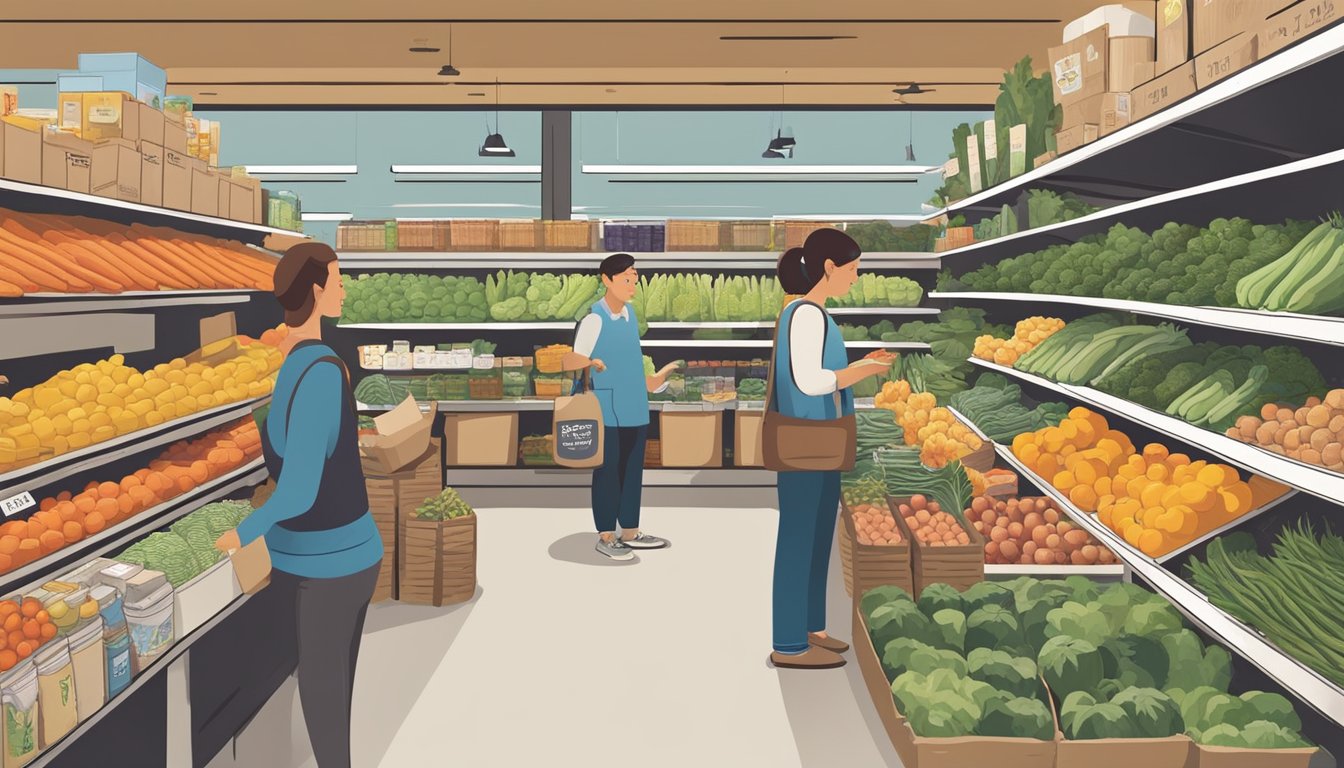 A bustling local food co-op with shelves stocked with fresh produce, artisanal goods, and a variety of locally-sourced products. Customers browse the aisles while friendly staff members assist with their purchases