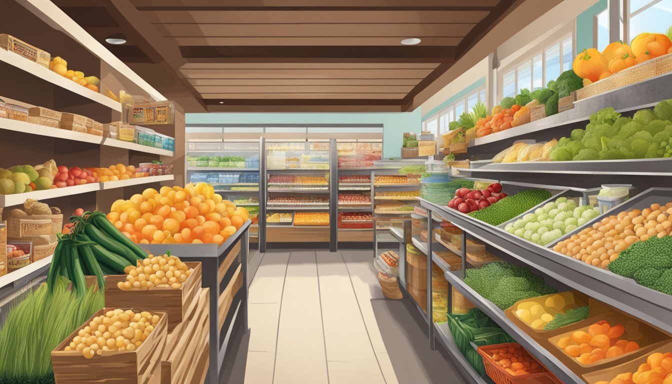 A bustling food coop in Palmdale, CA, with a diverse selection of fresh produce, bulk grains, and local products displayed on wooden shelves and in baskets