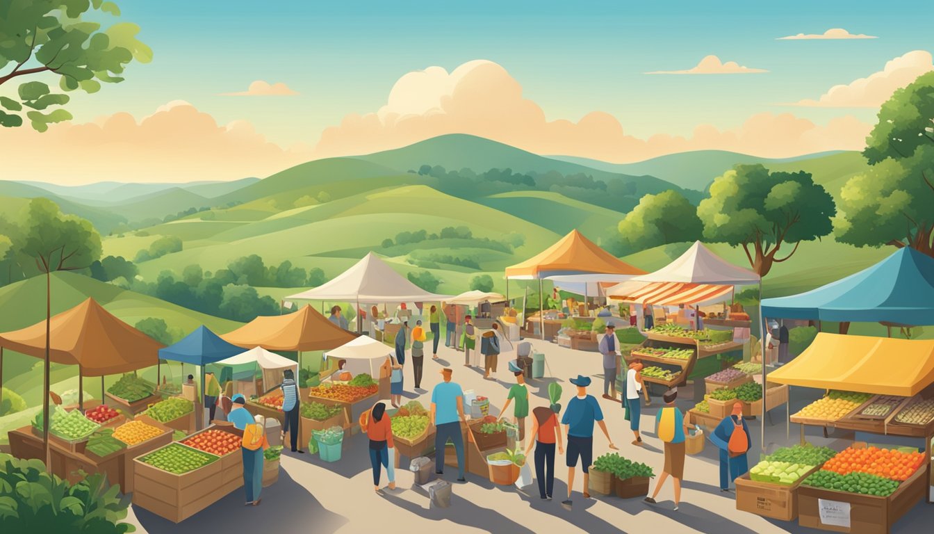 A bustling farmers' market with diverse vendors and customers, set against a backdrop of rolling hills and a vibrant, green landscape