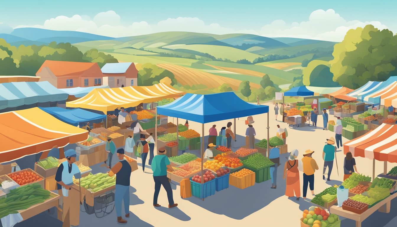 A bustling farmers' market with colorful stalls and fresh produce, surrounded by rolling hills and a clear blue sky