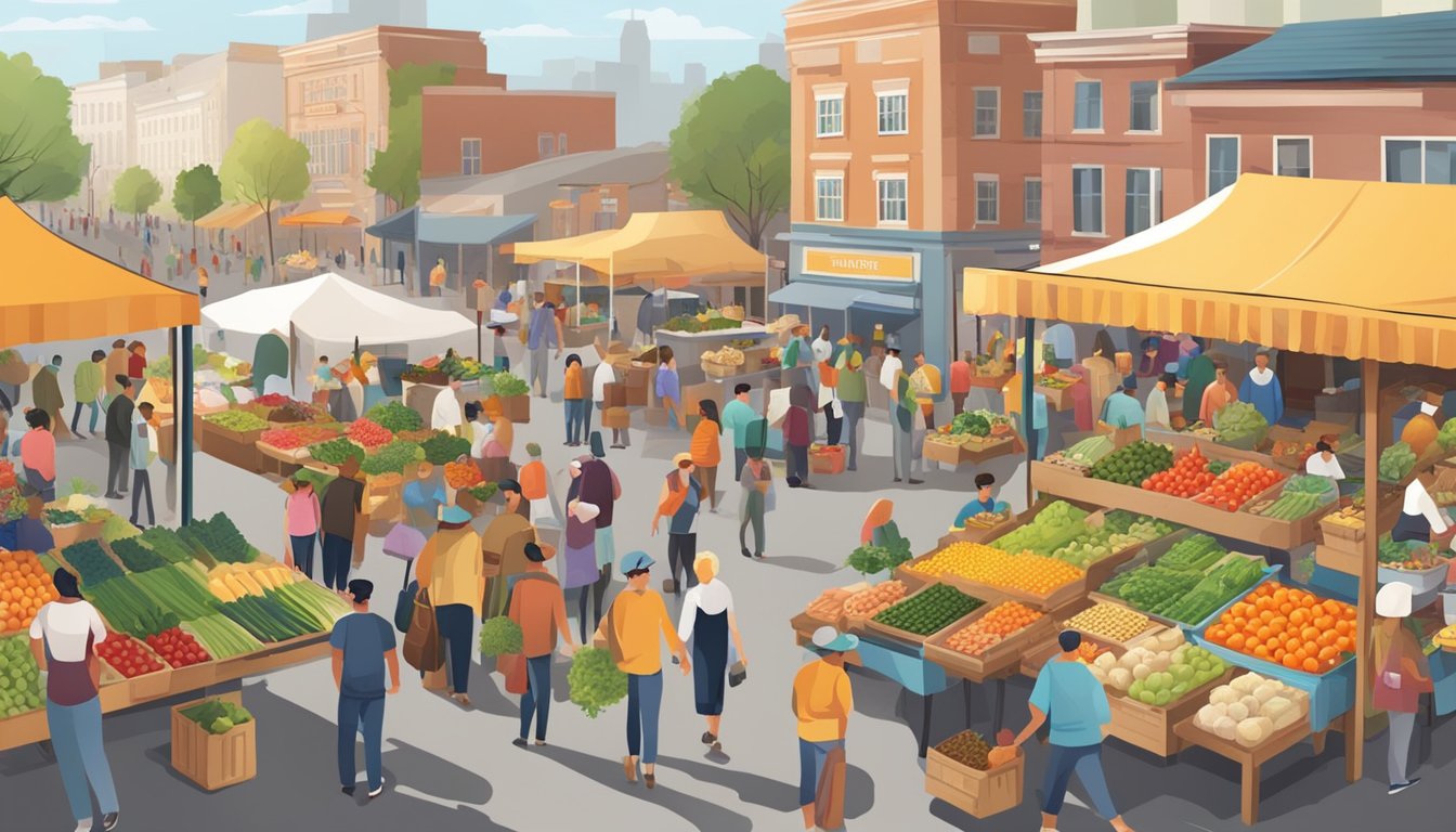 A bustling farmers' market with colorful produce stalls and local vendors, surrounded by a diverse community of shoppers and food enthusiasts