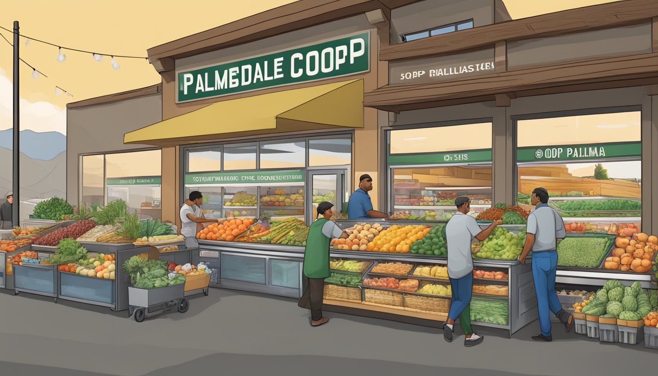 A bustling local food coop in Palmdale, CA, with diverse produce and friendly staff assisting customers