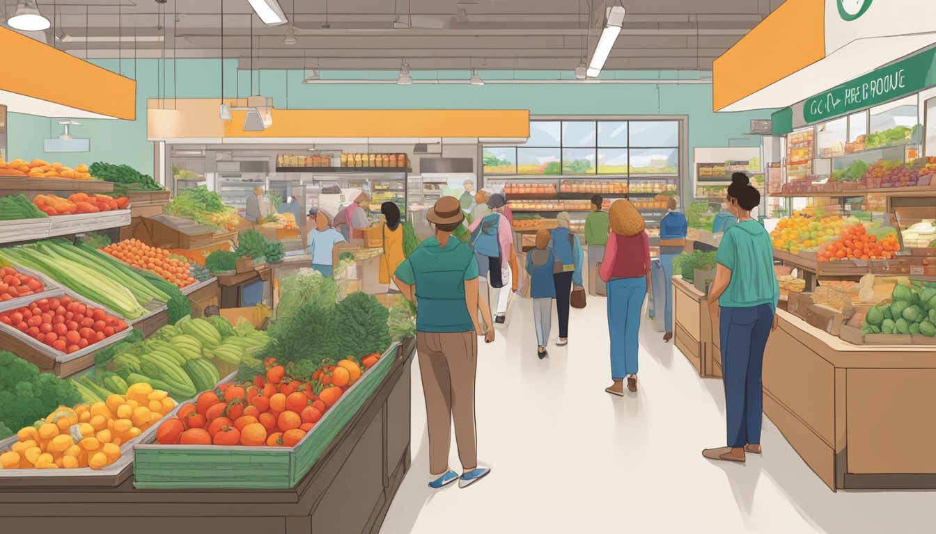 A bustling food co-op filled with fresh produce, artisanal goods, and friendly staff. Shoppers browse colorful displays and chat with local vendors