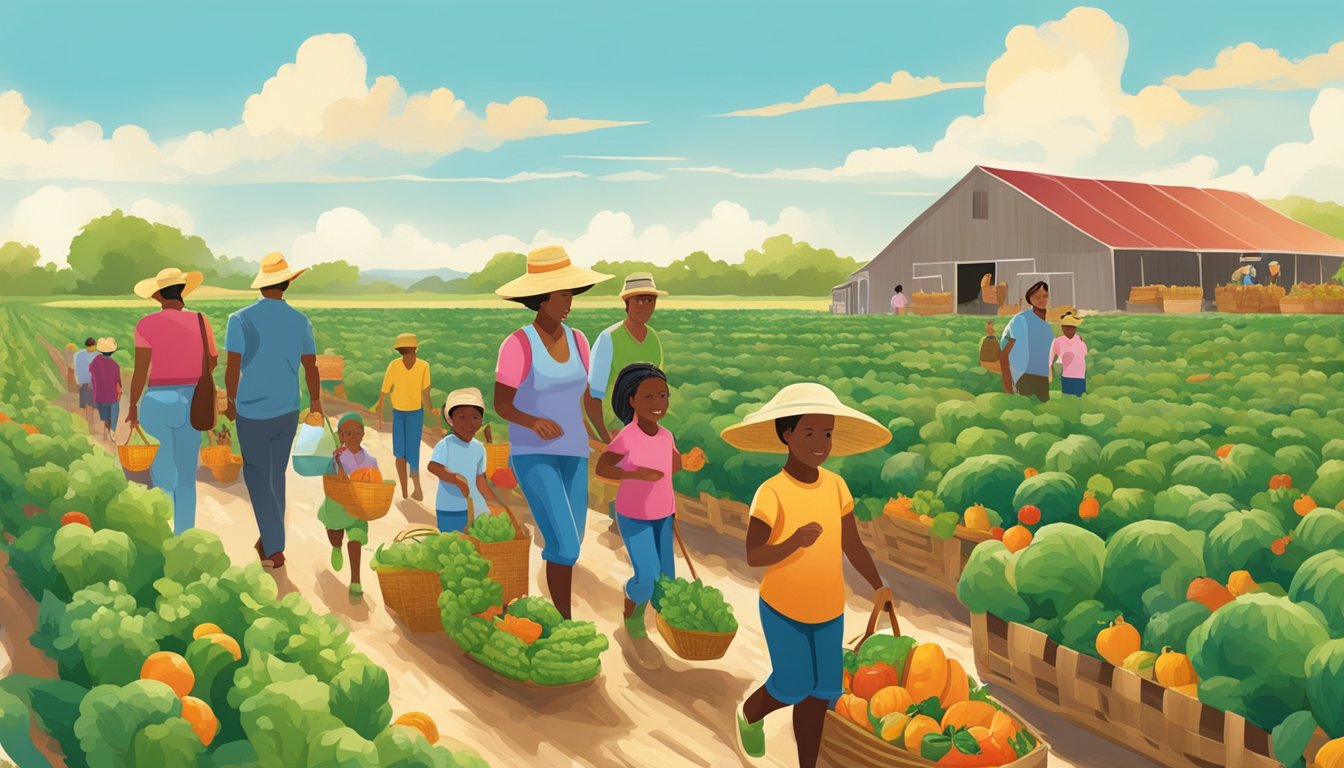 Families wander through fields of ripe produce, filling baskets with colorful fruits and vegetables at a bustling agrotourism farm in Killeen, TX