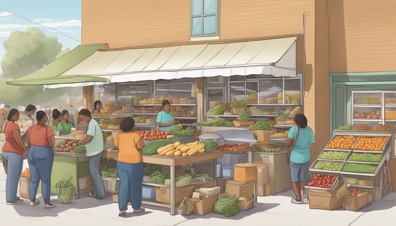 A bustling local food coop in Palmdale, CA, with vendors selling fresh produce and handmade goods, while community members attend workshops and events