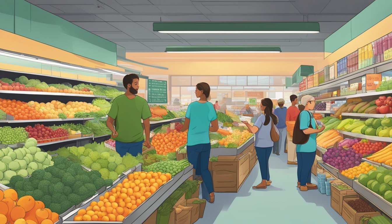 A bustling produce aisle at a local food coop, filled with colorful fruits and vegetables, with customers browsing and chatting with vendors