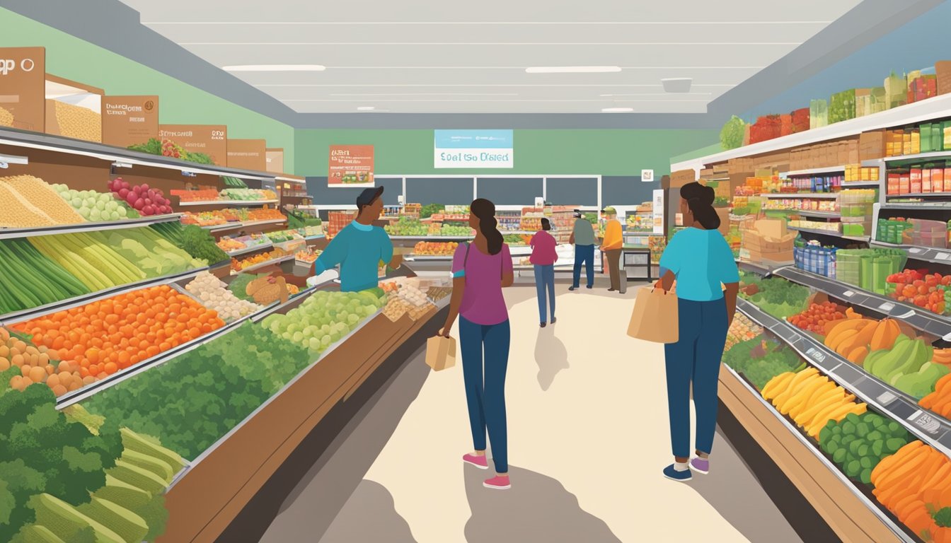 A bustling co-op grocery store filled with colorful displays of fresh produce, bulk grains, and locally made products. Shoppers browse the aisles, chatting with friendly staff