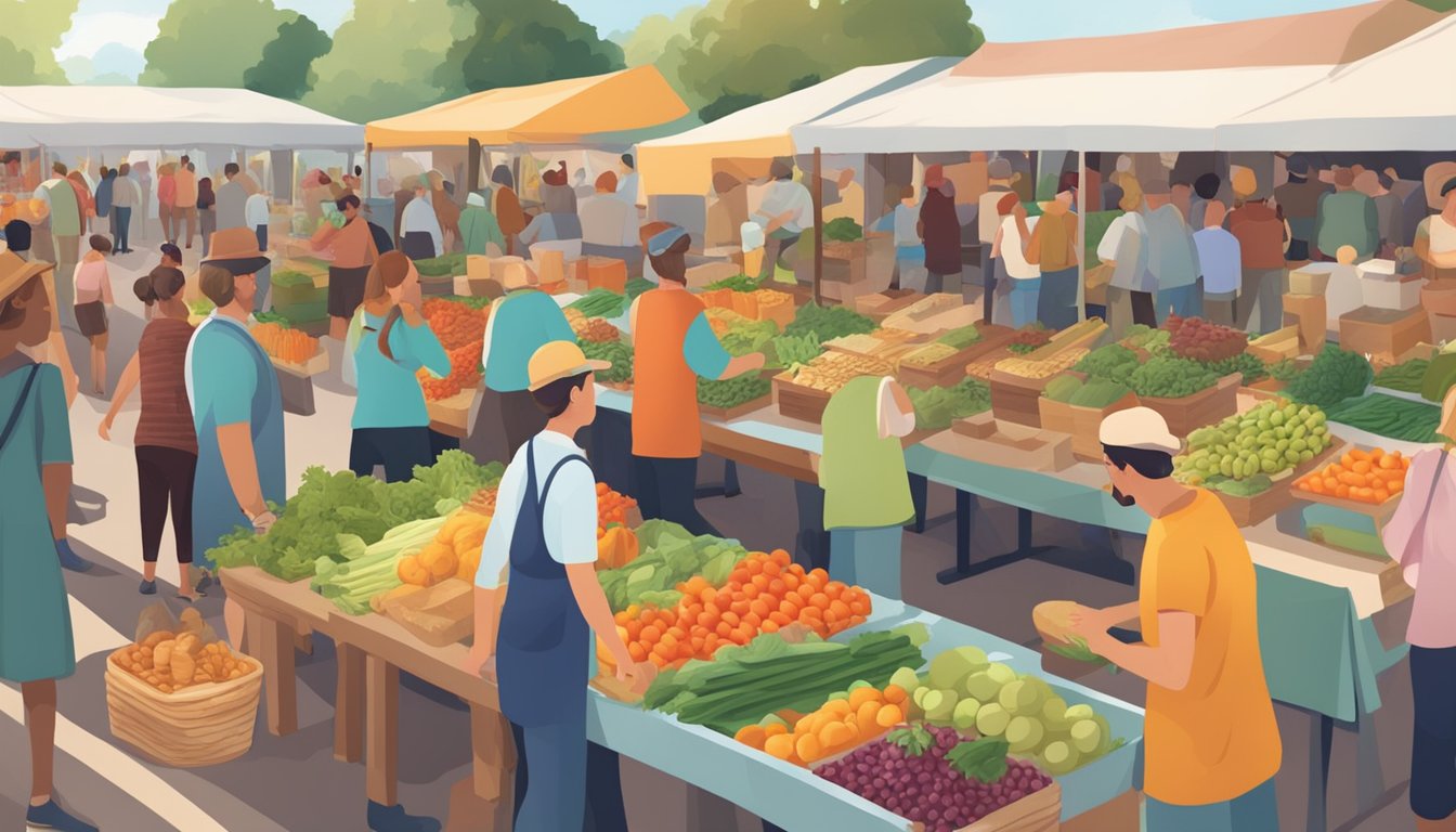 A bustling farmers market with colorful produce, homemade jams, and fresh bread, surrounded by eager shoppers and friendly vendors