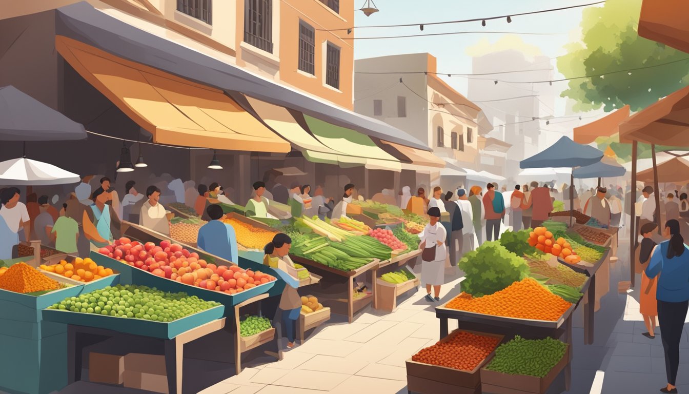 A bustling local market with colorful stalls selling fresh produce, surrounded by eager shoppers and the aroma of herbs and spices in the air