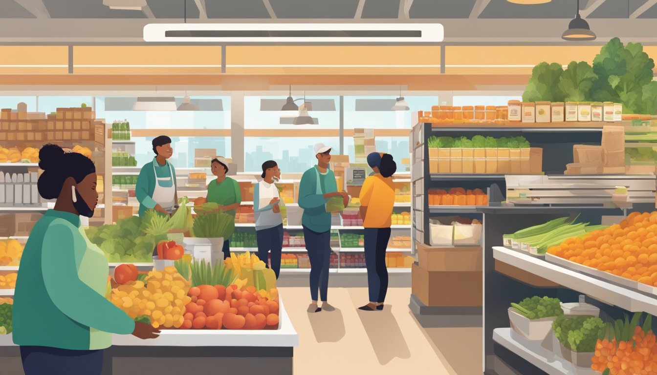 A bustling local food co-op with customers browsing shelves and chatting with staff. A sense of community and support is evident in the cooperative atmosphere