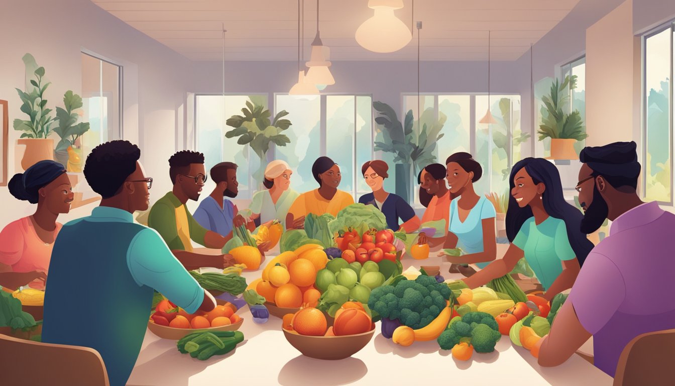 A diverse group of people gathered around a table, exchanging produce and discussing cooperative membership. The room is filled with the vibrant colors of fresh fruits and vegetables