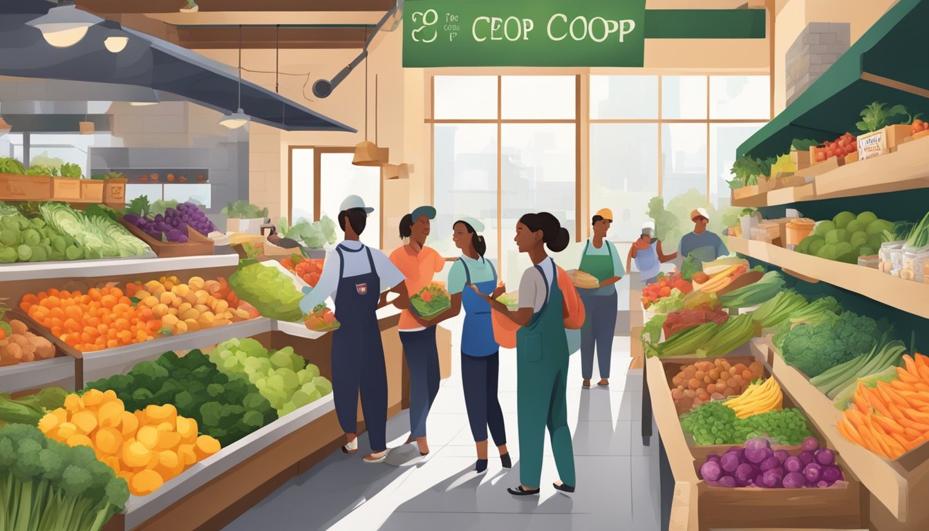 A bustling local food coop with colorful produce and friendly staff