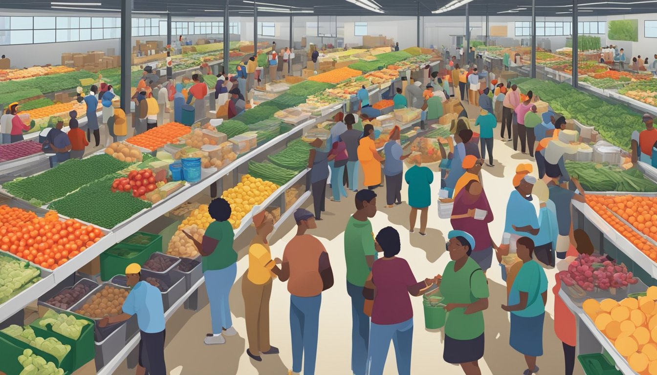 A bustling food distribution center with volunteers and community members gathering around tables of fresh produce and canned goods