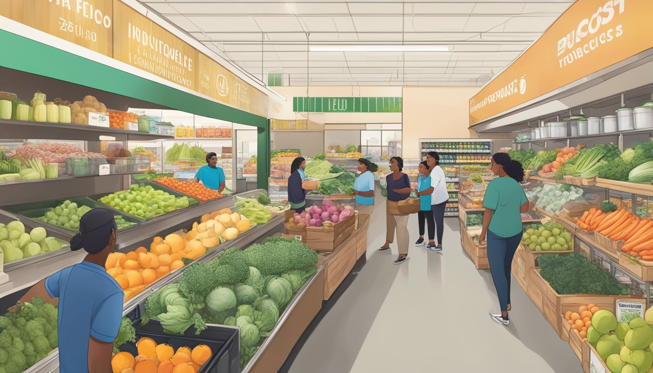 A bustling food co-op in Inglewood, CA, with diverse produce, bulk items, and local goods. Customers chat with staff, creating a vibrant community hub