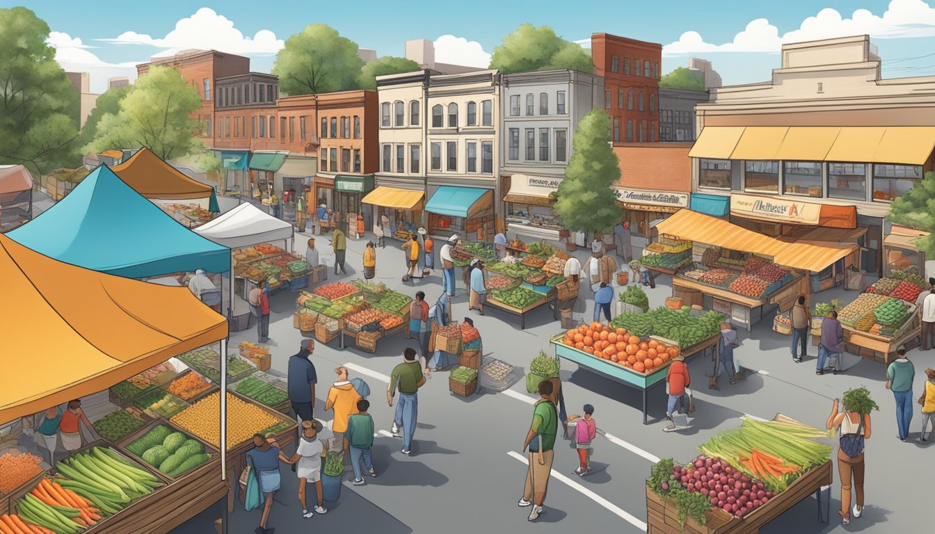 A bustling farmer's market with diverse vendors and customers, showcasing fresh produce and local goods, set against the backdrop of Paterson, NJ's vibrant cityscape