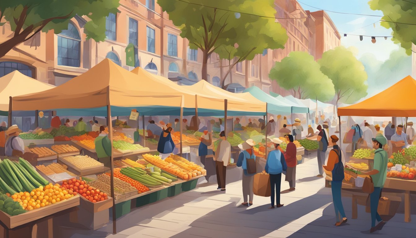 A bustling farmers' market with colorful stalls and a variety of fresh produce, baked goods, and artisanal products. Busy shoppers explore the lively atmosphere