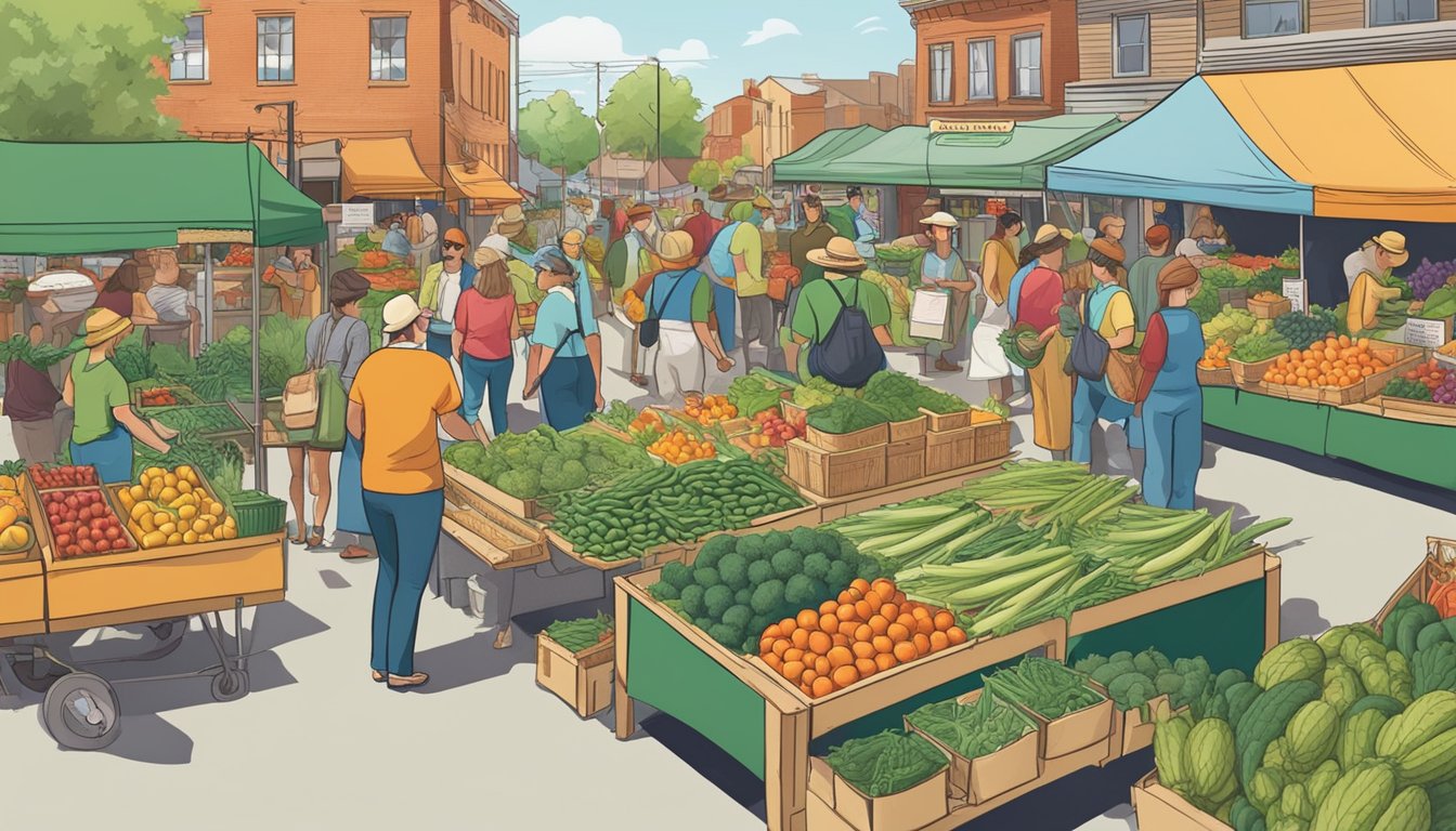 A bustling farmers' market with vendors and customers interacting. The local food coop's logo prominently displayed on a banner. Bright, fresh produce and friendly faces