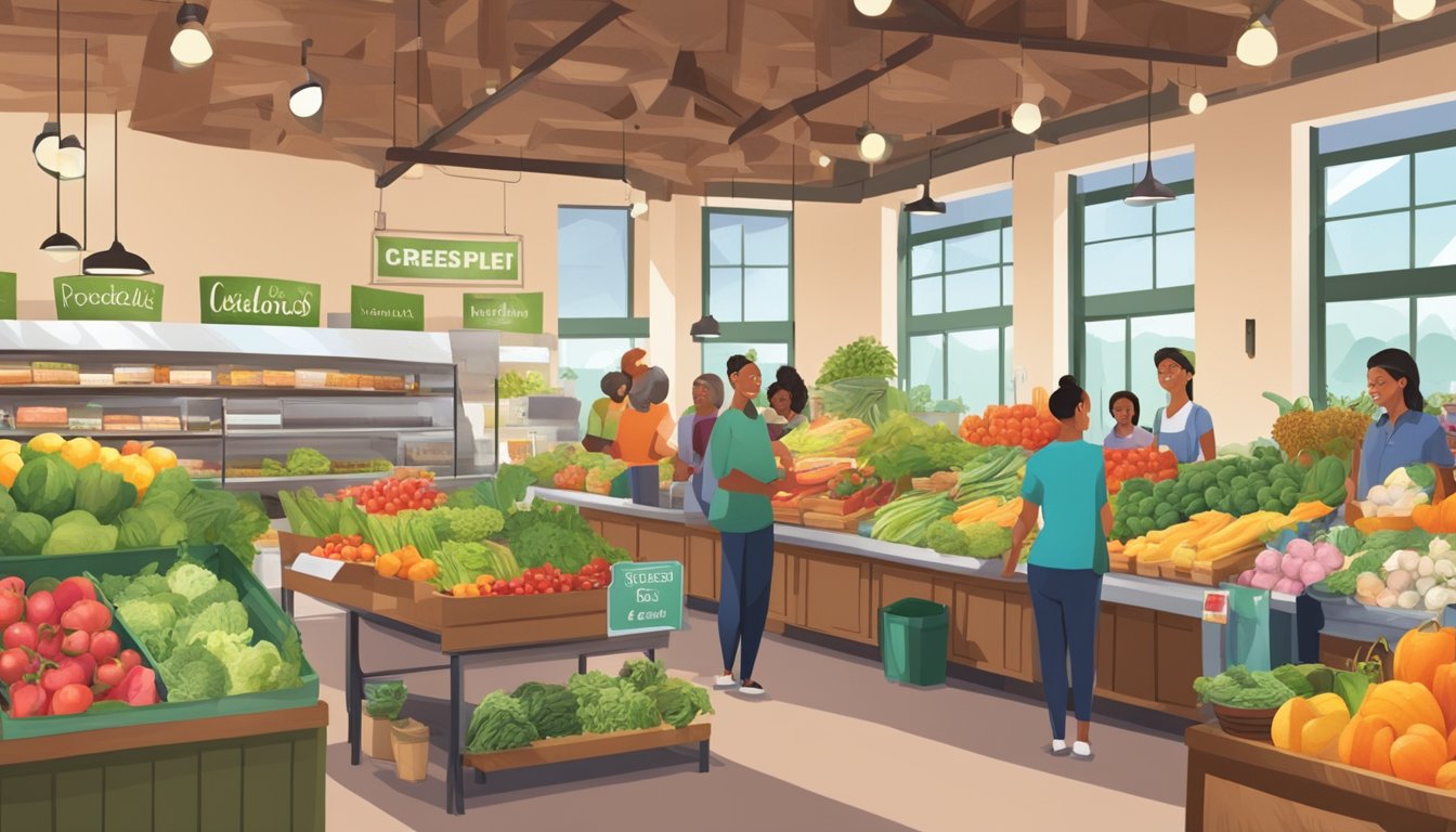 A bustling local food co-op with diverse produce, friendly staff, and community members shopping and chatting. Bright, welcoming atmosphere with colorful displays