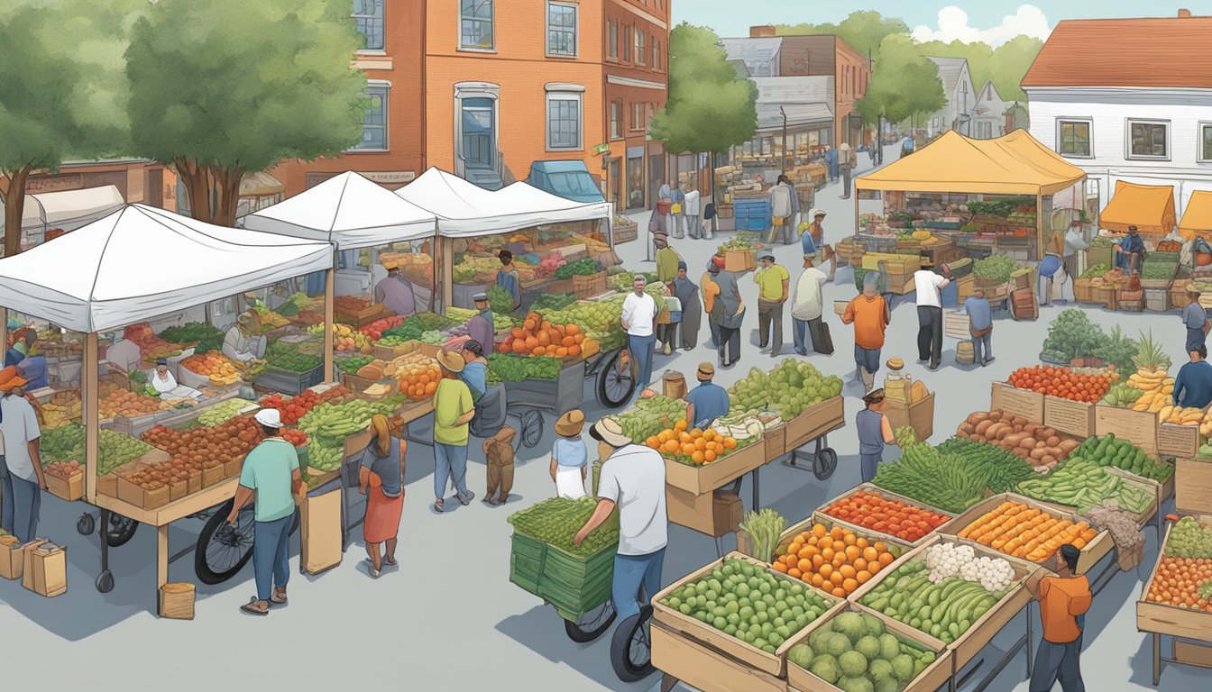 A bustling farmers market with vendors selling fresh produce, dairy, and meats. A network of delivery trucks and bicycles transport goods to local food co-ops