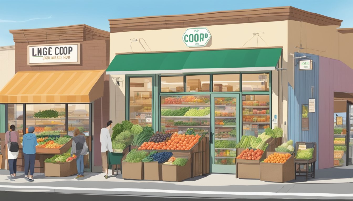 A bustling local food coop in Inglewood, CA, with colorful displays of fresh produce, bulk grains, and sustainable food options