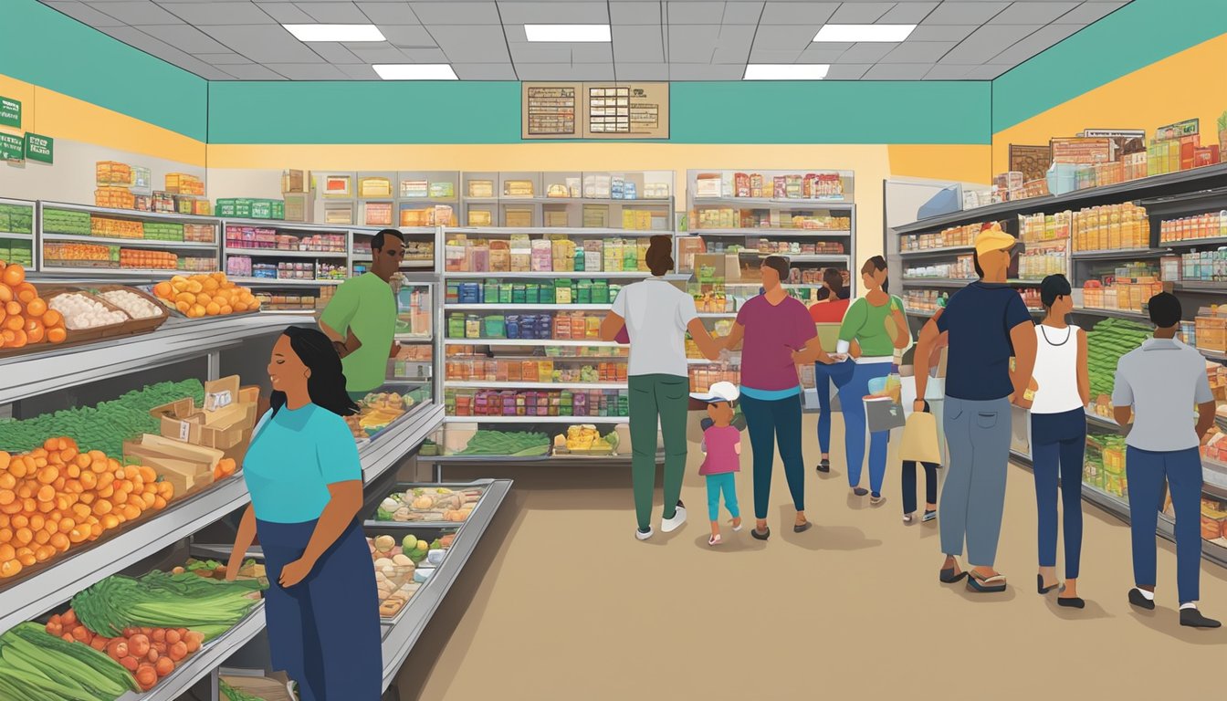 A bustling local food coop in Pembroke Pines, FL, with customers browsing shelves and chatting with staff