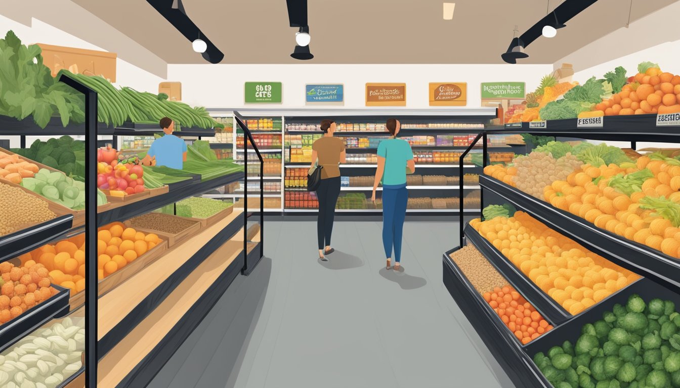 A bustling local food co-op in Pembroke Pines, FL, with shelves stocked with fresh produce, bulk grains, and artisanal goods. Busy shoppers chat with friendly staff