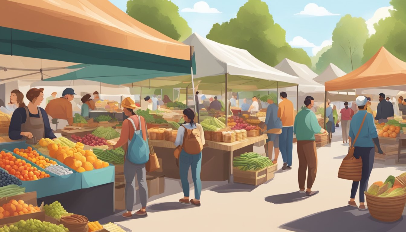 A bustling farmers' market with diverse stalls and cheerful customers browsing fresh produce, baked goods, and artisanal products