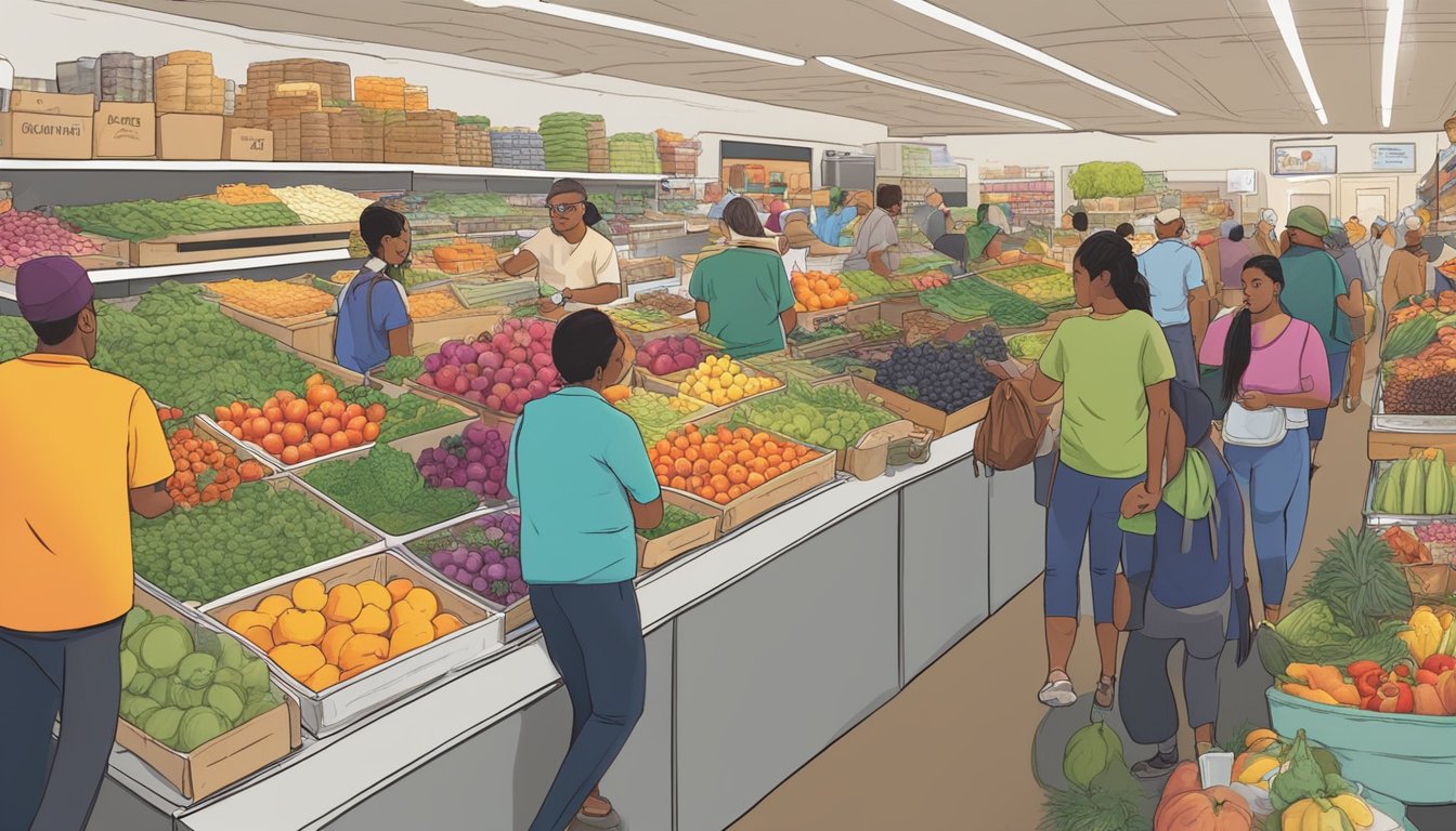 A bustling local food coop in Burbank, CA, with colorful produce, artisanal goods, and a diverse crowd browsing the aisles