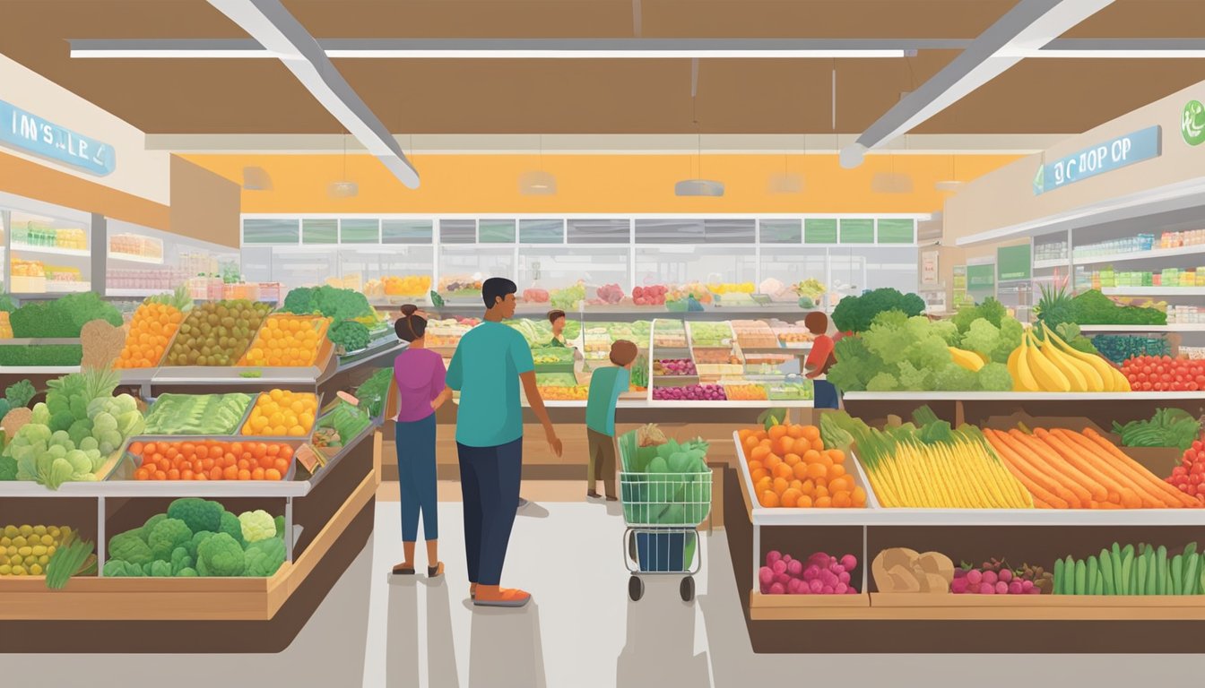 A bustling local food co-op in Burbank, CA with colorful produce, shelves stocked with goods, and customers browsing the aisles