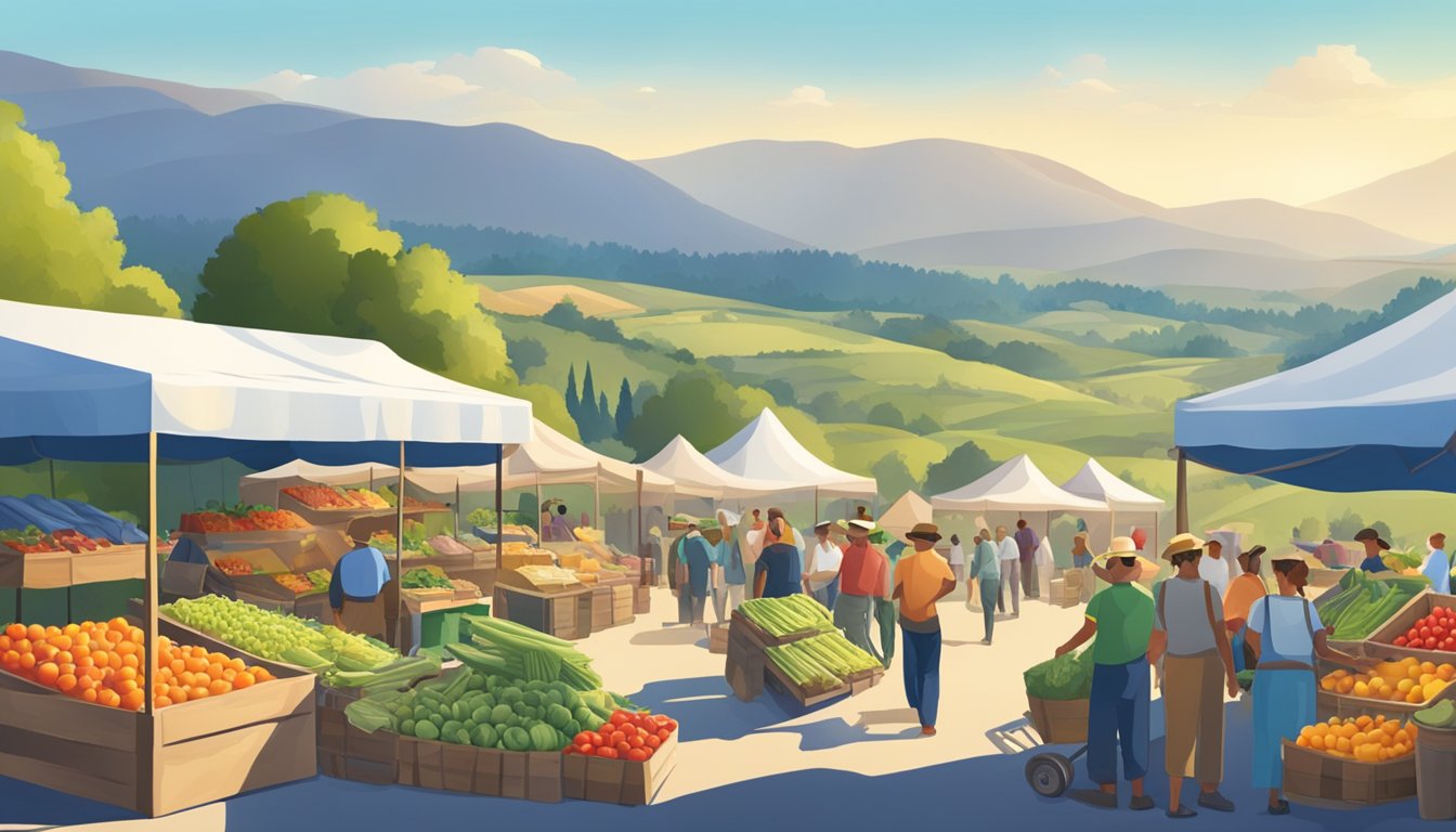 A bustling farmers market with colorful produce and local vendors, set against a backdrop of rolling hills and a clear blue sky