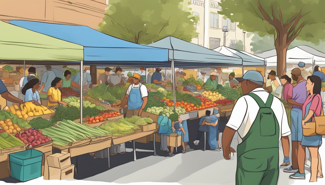 A bustling farmers' market in Burbank, California, with vendors selling fresh produce, flowers, and homemade goods. Customers chat with farmers and exchange goods