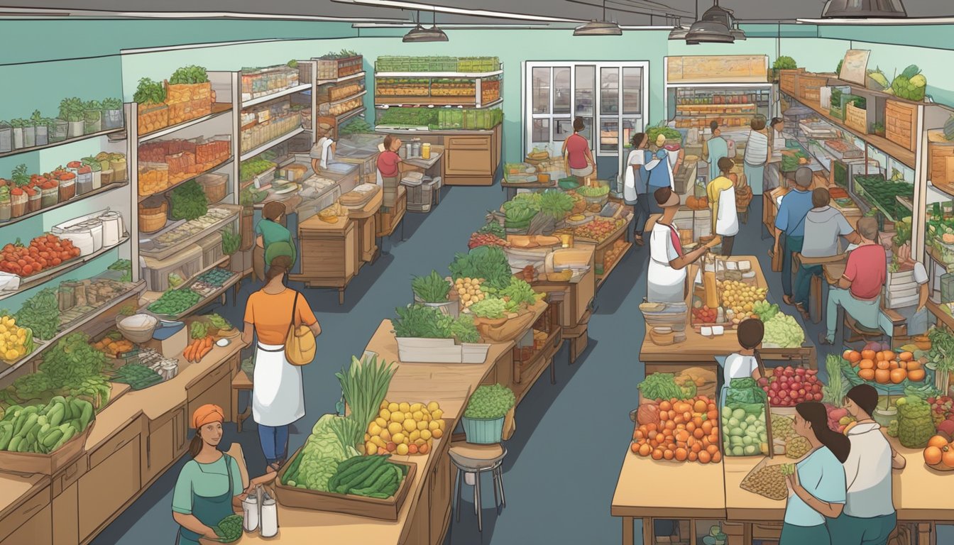 A bustling local food co-op with shelves stocked with fresh produce, bulk goods, and artisanal products, surrounded by a vibrant dining area with communal tables and a bustling kitchen