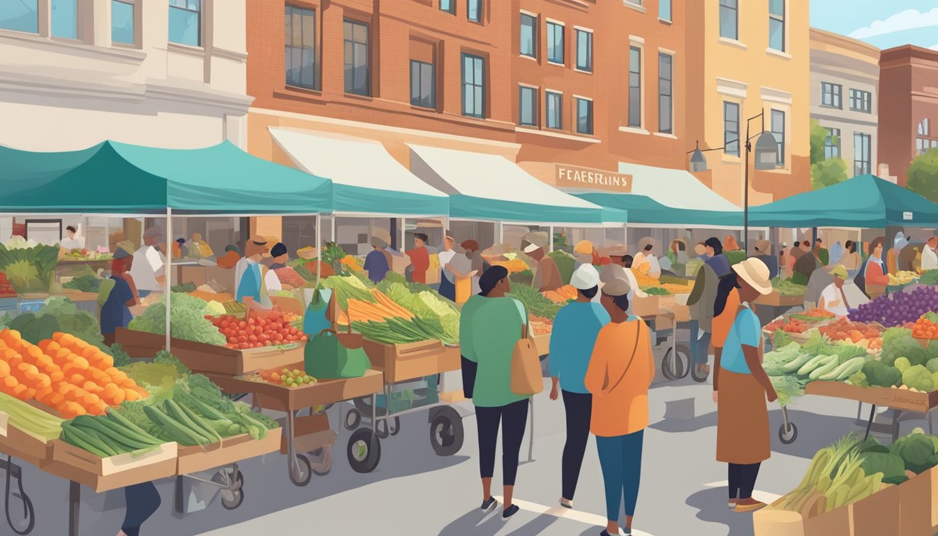 A bustling farmers' market with colorful stalls and a variety of locally grown produce, surrounded by a community of food co-op members