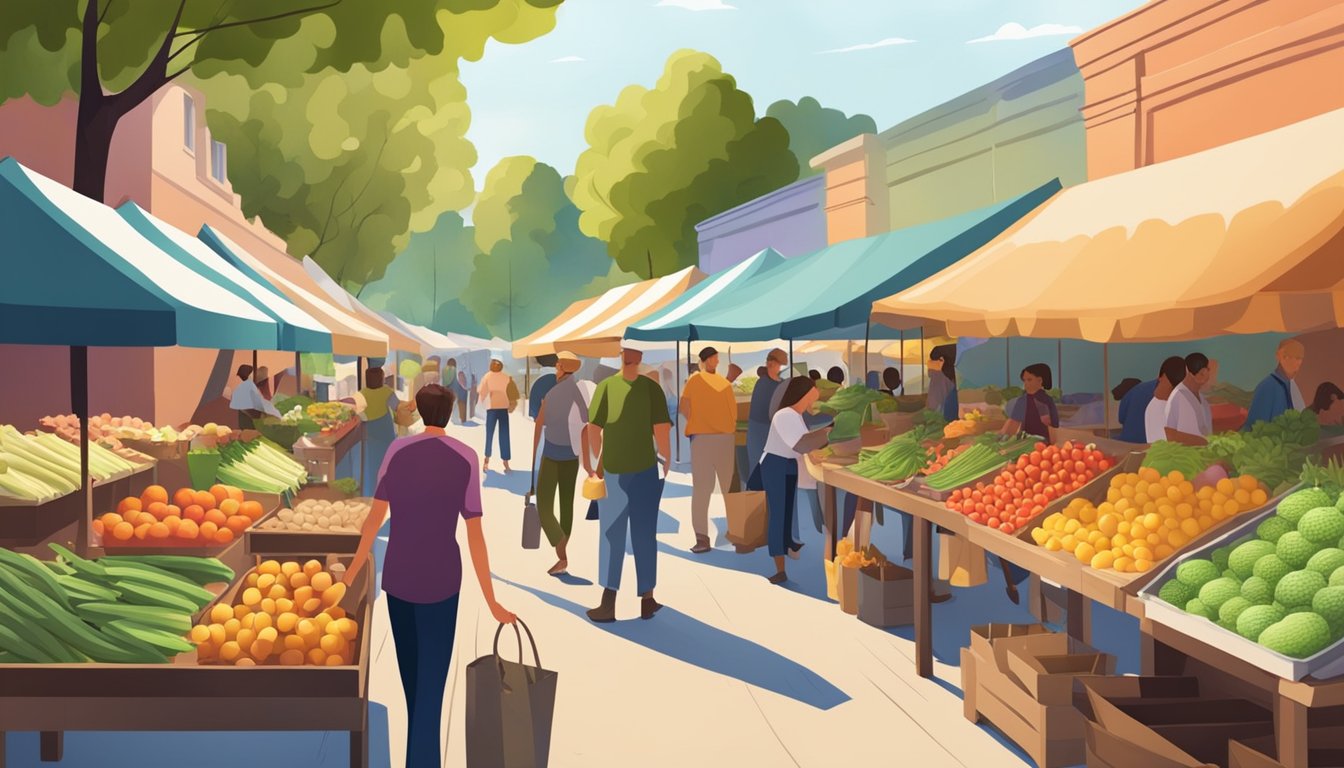 A bustling farmers market with vendors selling fresh produce, homemade goods, and locally sourced products under a colorful canopy