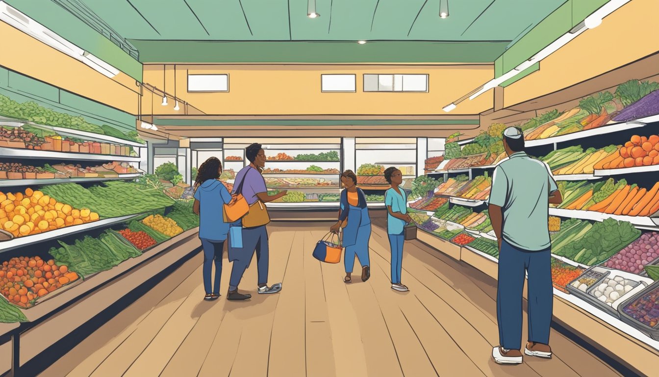 People browse aisles of fresh produce and local products in a bustling Burbank food coop. Shelves are stocked with colorful items and customers chat with friendly staff